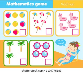 Counting educational children game, kids activity worksheet. How many objects. Learning mathematics, numbers, addition theme. Summer holidays theme
