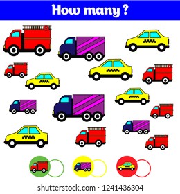 Counting educational children game, kids activity sheet. How many objects task. Learning mathematics, numbers. Vector illustration