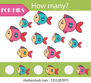 Counting educational children game, kids activity sheet. How many objects task. Learning mathematics, numbers, addition theme. Fish