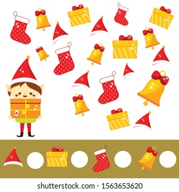 Counting educational children game, kids activity sheet. How many objects. Learning mathematics, numbers, addition. new year and christmas theme.