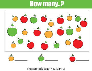 Counting educational children game, kids activity sheet. How many objects task. Learning mathematics, numbers, addition theme