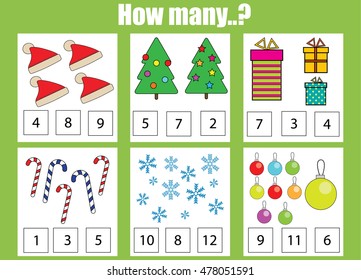 Counting Educational Children Game, Kids Activity Sheet. How Many Objects Task, Christmas Theme. Learning Mathematics, Numbers, Addition Theme