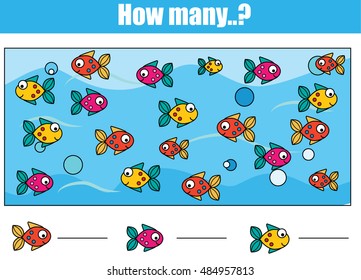 Counting educational children game, kids activity sheet. How many objects task. Learning mathematics, numbers, addition theme