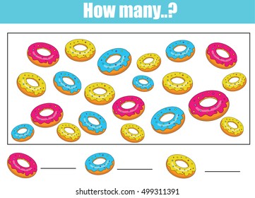 Counting educational children game, kids activity sheet. How many objects task. Learning mathematics, numbers, addition theme