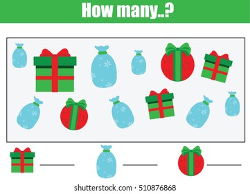 Counting educational children game, kids activity worksheet. How many objects task. Learning mathematics, numbers, addition theme. Count the christmas gift boxes
