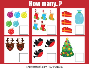 Counting educational children game, kids activity worksheet. How many objects task, christmas, winter holidays theme. Learning mathematics, numbers, addition theme