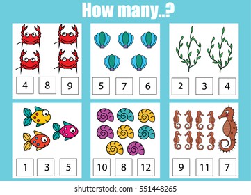 Counting educational children game, kids activity worksheet. How many objects task. Learning mathematics, numbers, addition theme