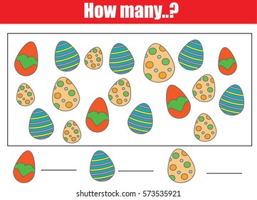 Counting educational children game, kids activity worksheet. How many objects task, easter theme. Learning mathematics, numbers, addition theme