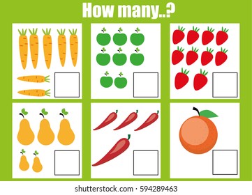 Counting educational children game, kids activity worksheet. How many objects task. Learning mathematics, numbers, addition theme