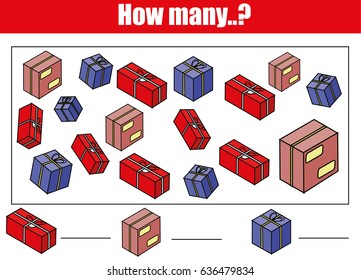 Counting educational children game, kids activity sheet. How many objects task. Learning mathematics, numbers, addition theme