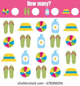 Counting educational children game, kids activity worksheet. How many objects. Learning mathematics, numbers, addition theme. Summer holidays theme