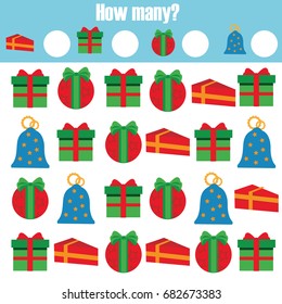 Counting educational children game, kids activity sheet. How many objects task. Learning mathematics, numbers, addition theme
