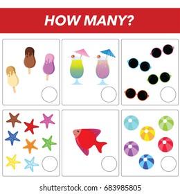 Counting educational children game, kids activity sheet, how many object task, Learning mathematics, numbers, addition theme, summer theme