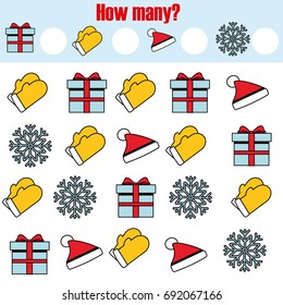 Counting educational children game, kids activity sheet. How many objects task. Learning mathematics, numbers, addition theme. Christmas, new year winter holidays theme