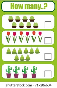 Counting educational children game, kids activity worksheet. How many objects task. Learning mathematics, numbers, addition theme
