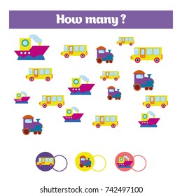 Counting educational children game, kids activity sheet. How many objects task. Learning numbers, mathematics, addition theme