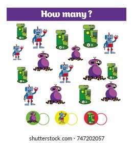 Counting educational children game, kids activity sheet. How many objects task. Learning numbers, mathematics, theme robots
