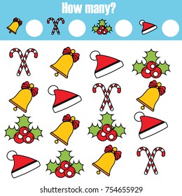 Counting educational children game, kids activity worksheet. How many objects task. Christmas, winter holidays theme. Learning mathematics, numbers, addition theme