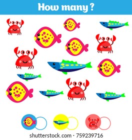Counting educational children game, kids activity sheet. How many objects task. Learning mathematics, numbers, addition theme mermaid sea, ocean, fish. Vector illustration.