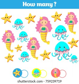 Counting educational children game, kids activity sheet. How many objects task. Learning mathematics, numbers, addition theme mermaid sea, ocean, fish. Vector illustration.