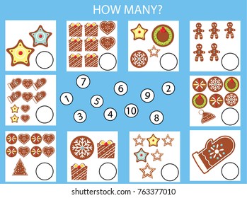 Counting educational children game, kids activity worksheet. How many objects task. Christmas, winter holidays theme. Learning mathematics, numbers, addition theme
