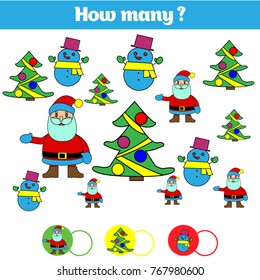 Counting educational children game, kids activity sheet. How many objects task. Learning mathematics, numbers.