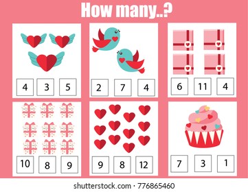 Counting educational children game, kids activity worksheet. How many objects. Learning mathematics, numbers, addition. St Valentine s day theme