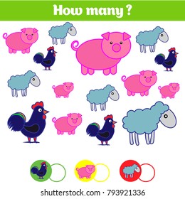 Counting educational children game, kids activity sheet. How many objects task. Learning mathematics, numbers.