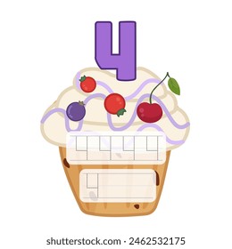 Counting educational children game. Material for teaching counting 1-10. Cartoon illustration of a delicious fruit cupcake.
