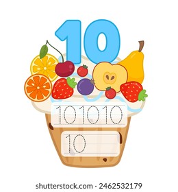 Counting educational children game. Material for teaching counting 1-10. Cartoon illustration of a delicious fruit cupcake.
