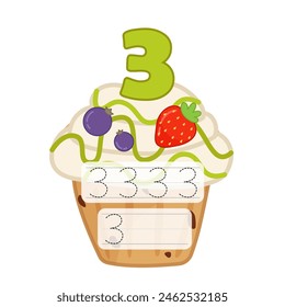 Counting educational children game. Material for teaching counting 1-10. Cartoon illustration of a delicious fruit cupcake.
