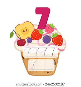 Counting educational children game. Material for teaching counting 1-10. Cartoon illustration of a delicious fruit cupcake.
