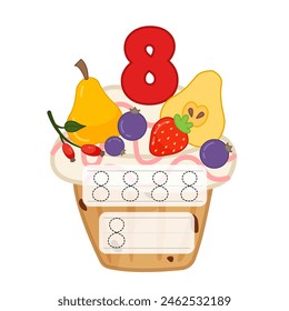 Counting educational children game. Material for teaching counting 1-10. Cartoon illustration of a delicious fruit cupcake.
