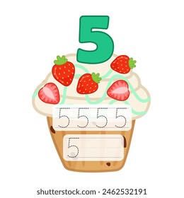 Counting educational children game. Material for teaching counting 1-10. Cartoon illustration of a delicious fruit cupcake.
