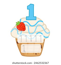 Counting educational children game. Material for teaching counting 1-10. Cartoon illustration of a delicious fruit cupcake.
