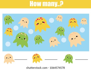 Counting educational children game, math kids activity sheet. How many objects task. Learning mathematics, numbers, addition theme with sealife animals