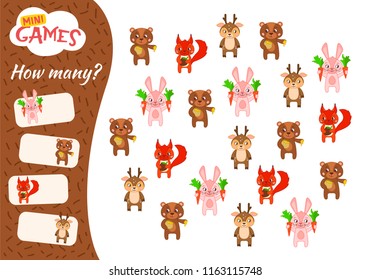 Counting educational children game, math kids activity sheet. How many objects task. Cartoon cute animals.