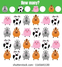 Counting educational children game, math kids activity sheet. How many objects task. Learning mathematics, numbers, addition theme