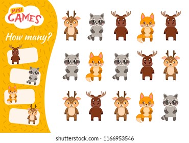 Counting educational children game, math kids activity sheet. How many objects task. Cartoon forest animals. - Shutterstock ID 1166953546