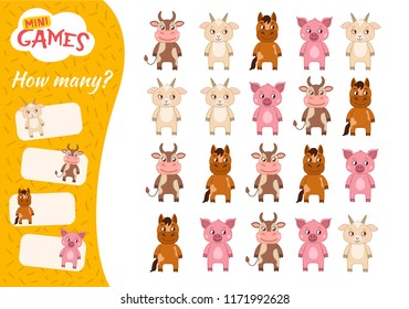 Counting educational children game, math kids activity sheet. How many objects task. Cartoon farm animals.