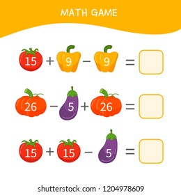 Counting educational children game, math kids activity sheet.  Cartoon vegetables.