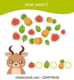 Counting educational children game, math kids activity sheet. How many objects task. Cartoon antelope and fruits.