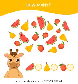 Counting educational children game, math kids activity sheet. How many objects task. Cartoon giraffe and fruits.