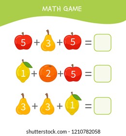 Counting Educational Children Game, Math Kids Activity Sheet.  Cartoon Fruits.