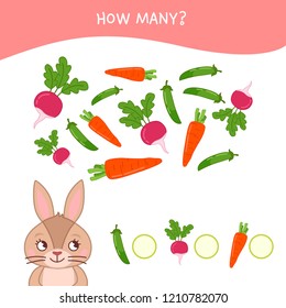 Counting educational children game, math kids activity sheet. How many objects task. Cartoon rabbit and vegetables.