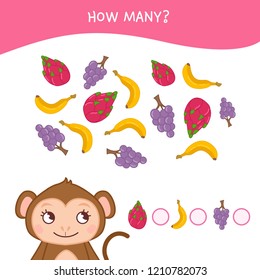 Counting educational children game, math kids activity sheet. How many objects task. Cartoon monkey and fruits.