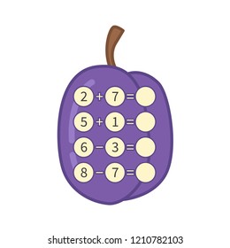 Counting educational children game, math kids activity sheet.  Cartoon plum.