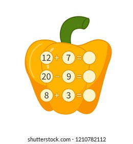 Counting educational children game, math kids activity sheet.  Cartoon pepper.