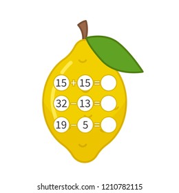 Counting educational children game, math kids activity sheet.  Cartoon lemon.