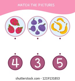 Counting educational children game, math kids activity sheet. How many objects task. Cartoon fruits.